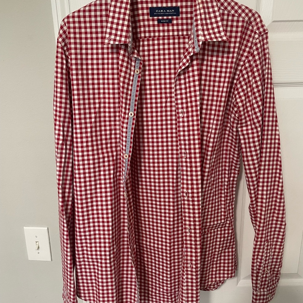 Zara Men's Red Gingham Button Down Shirt